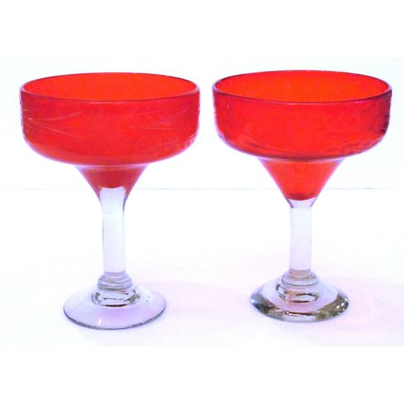 Hand Blown Margarita Glasses 2 Artisan Etched 6.5" Red Glass Bowl Clear Stem Vtg - Picture 5 of 5
